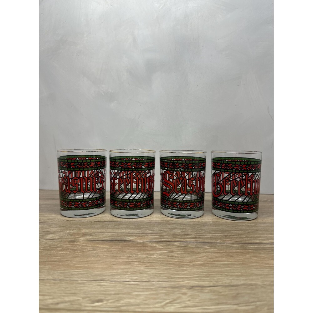 VTG 1970s Houze Seasons Greetings Lowball Glass Stained Glass Pattern Set of 4